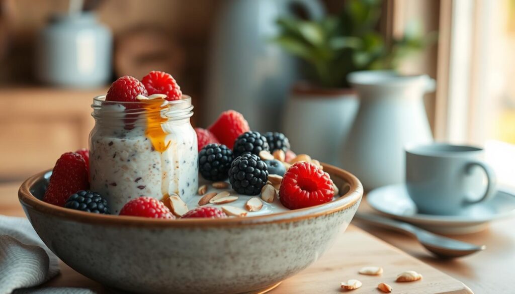 A delectable arrangement of overnight oats nestled in a rustic ceramic bowl, garnished with fresh berries, a drizzle of honey, and a sprinkling of toasted almonds. The scene is set against a backdrop of a cozy, minimal kitchen environment, with wooden textures and light blue accents, bathed in warm, natural lighting. The composition captures the simplicity and nourishing appeal of this quick and wholesome breakfast option.