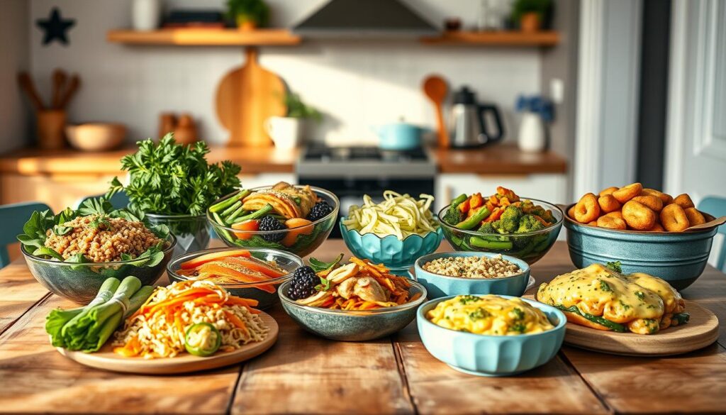A delectable arrangement of varied meal prep recipes displayed on a rustic wooden table in a cozy, minimal kitchen. Lush, colorful dishes like Mediterranean quinoa salad, roasted veggie Buddha bowls, and creamy chicken and broccoli casserole take center stage, bathed in soft, natural lighting. Vibrant greens, oranges, and blues create a visually appetizing scene, complemented by light blue accents and simple, clean-lined decor. The image exudes a sense of wholesome, balanced nutrition and mouthwatering flavors, perfectly capturing the essence of 