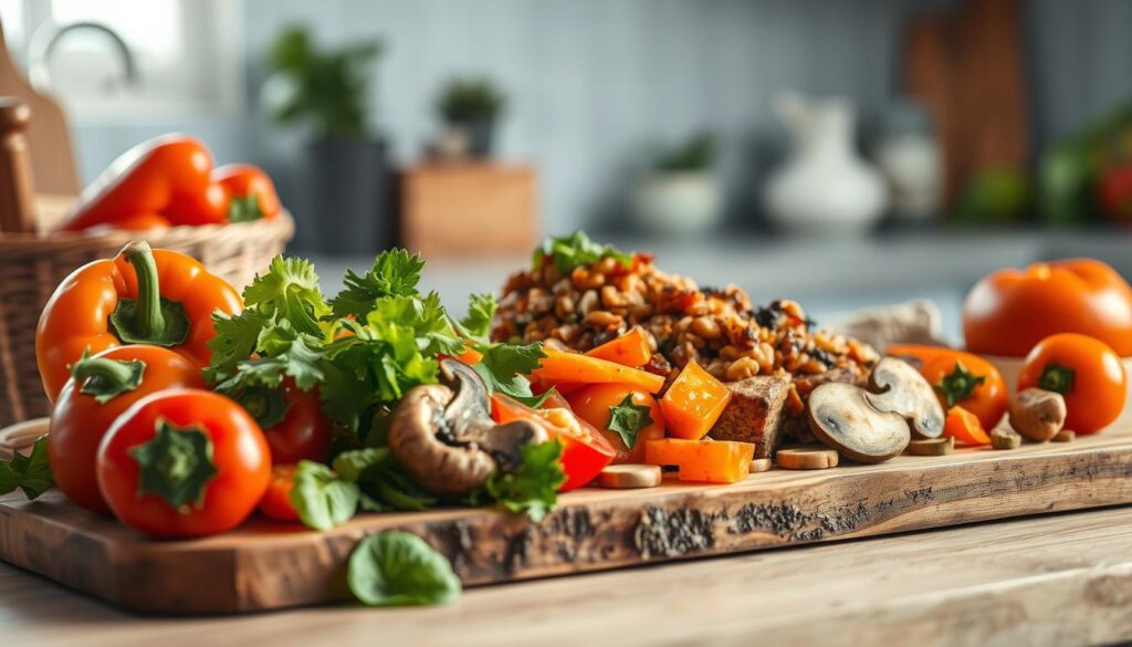 A delectable arrangement of vibrant vegan ingredients, artfully combined to create a symphony of bold flavors. In the foreground, a selection of crunchy vegetables - crisp bell peppers, juicy tomatoes, and earthy mushrooms - are neatly arranged on a rustic wooden board. The middle ground features a hearty protein source, perhaps a savory tofu or a blend of nutty legumes, adorned with a drizzle of rich, flavorful sauce. In the background, subtle hints of aromatic herbs and spices lend depth and complexity to the scene, creating a warm, inviting atmosphere in the cozy, minimal kitchen with its light blue accents and natural wooden textures.