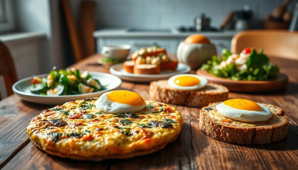 A delectable array of creative egg dishes arranged on a rustic wooden table, bathed in warm, natural lighting. In the foreground, a fluffy frittata with roasted vegetables and herbs, accompanied by a poached egg nestled atop a slice of whole-grain toast. In the middle ground, a vibrant egg salad sandwich with crunchy greens, all set against a backdrop of a minimalist, light blue-accented kitchen. The scene exudes a sense of effortless, nourishing comfort, perfect for a busy morning.