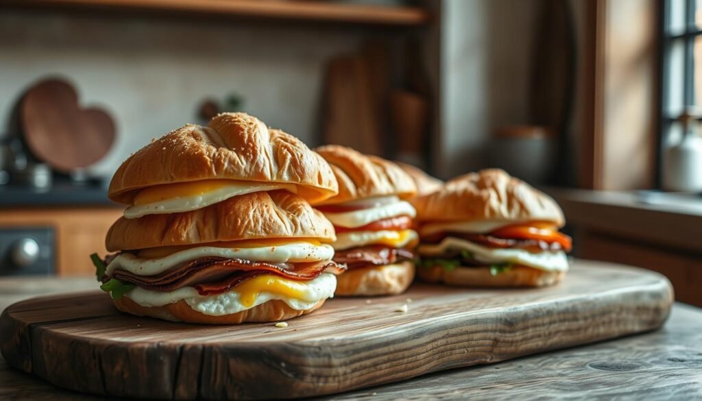A delectable array of freshly prepared breakfast sandwiches, nestled on a rustic wooden surface in a cozy, minimalist kitchen. The sandwiches are stacked with flaky croissants, fluffy eggs, savory breakfast meats, and a variety of seasonings that dance on the palate - perhaps a sprinkle of paprika, a pinch of garlic powder, or a dash of cayenne. Soft natural lighting from a nearby window illuminates the scene, casting a warm glow over the scene. The overall atmosphere is one of inviting simplicity, hinting at the mouthwatering flavors and satisfying textures within.