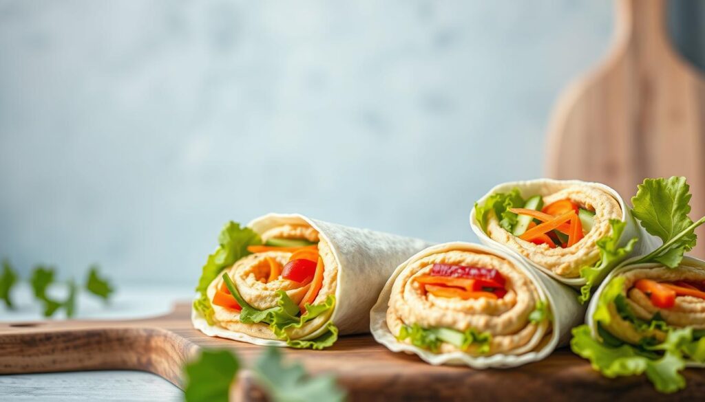 A delectable array of freshly prepared hummus wraps, neatly arranged on a wooden cutting board against a light blue backdrop. The wraps, filled with vibrant vegetables and creamy hummus, exude a sense of wholesome, no-fuss sustenance. Soft, whole-grain tortillas serve as the canvas, complemented by the earthy tones of the hummus and the vibrant hues of julienned carrots, sliced cucumber, and crisp lettuce leaves. Subtle wooden accents and a clean, minimalist aesthetic create a cozy, inviting atmosphere, perfectly suited for a nourishing, no-heat lunchbox meal.
