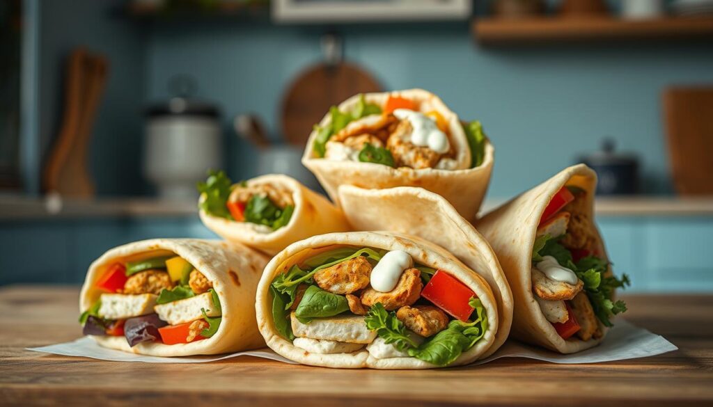 A delectable array of freshly prepared pita wraps, their vibrant fillings peeking through translucent pockets of soft, pliable bread. In a cozy, minimalist kitchen with light blue accents and warm wooden textures, the pita wraps are arranged artfully, their ingredients carefully balanced - crisp vegetables, creamy hummus, tender grilled chicken or falafel, fragrant herbs, and a drizzle of zesty tzatziki. The composition is captured from a low, slightly elevated angle, bathed in soft, natural lighting that accentuates the inviting textures and colors. An enticing, appetizing scene that beckons the viewer to savor the irresistible pita wrap options.