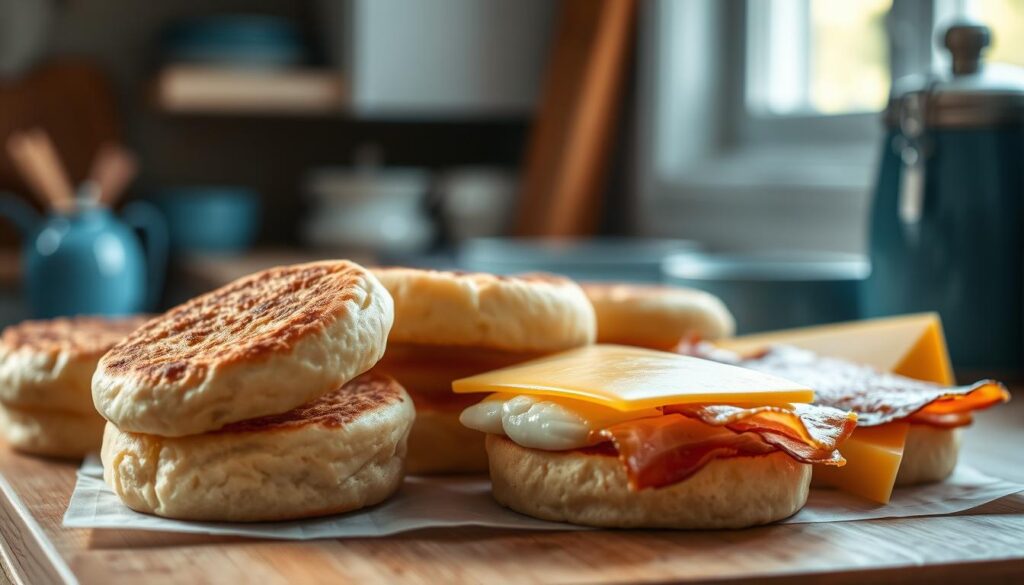 A delectable array of golden-hued English muffins, lightly toasted, nestled alongside a selection of breakfast essentials. Crisp, applewood-smoked bacon, fluffy egg patties, and a glistening slice of cheddar cheese, all poised to be assembled into a harmonious freezer-friendly breakfast sandwich. The scene is bathed in soft, natural light filtering through a window, casting a warm glow over the wooden countertop and minimalist blue-accented kitchen details. The arrangement conveys a sense of homespun comfort and intentional preparation, enticing the viewer to savor the satisfying textures and flavors of this make-ahead morning meal.