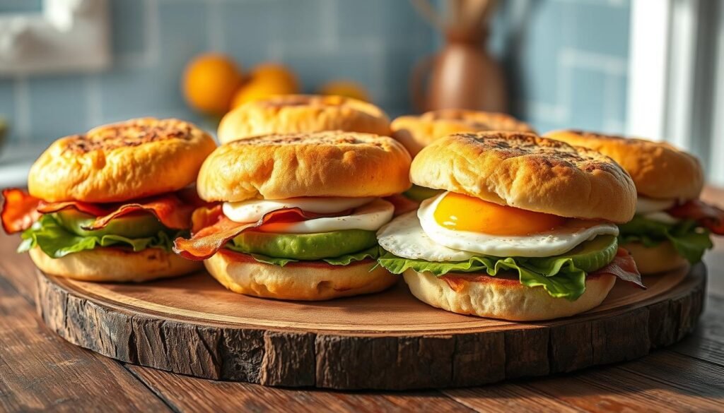 A delectable array of nutritious breakfast sandwiches nestled on a rustic wooden surface, bathed in warm, natural lighting. Fluffy, golden-brown English muffins cradle layers of savory turkey bacon, creamy avocado, and perfectly cooked eggs, creating a balanced and satisfying meal. The scene is set against a minimalist kitchen backdrop with light blue accents, evoking a sense of calm and wellness. The camera captures the sandwiches from an overhead angle, showcasing their appealing textures and appealing color palette. This image aims to visually convey the health benefits and nutritional value of a well-crafted breakfast sandwich, inspiring readers to make healthier choices to start their day.