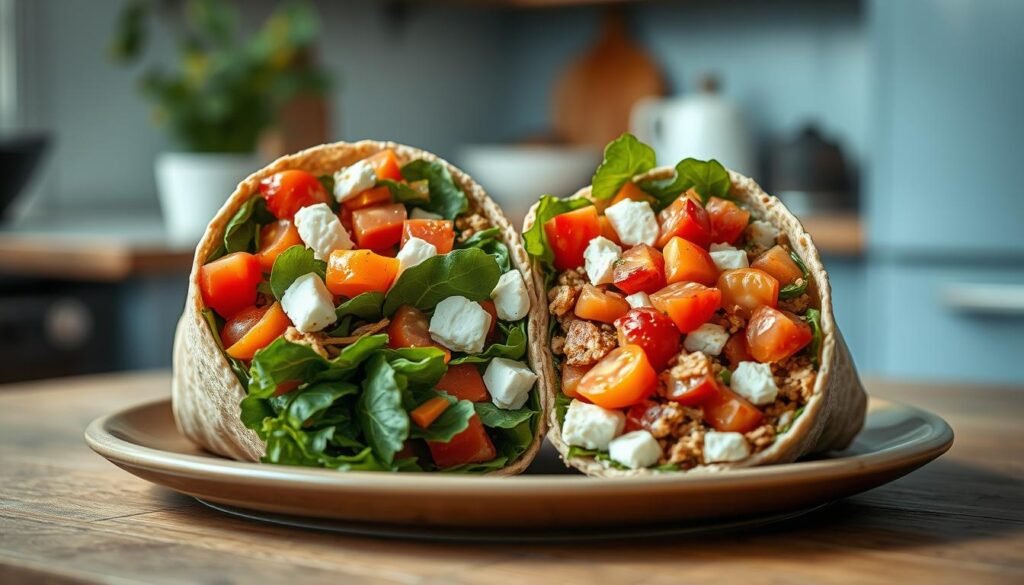 A delectable array of whole grain wraps, bursting with an array of crunchy veggies - fresh spinach, juicy tomatoes, crisp carrots, and tangy feta cheese. The vibrant colors and textures create a visually appealing and nourishing cold lunch, set against the backdrop of a cozy, minimalist kitchen with wooden surfaces and light blue accents. Soft, natural lighting casts a warm glow, highlighting the balanced flavors and nutritious ingredients that satisfy without weighing you down.