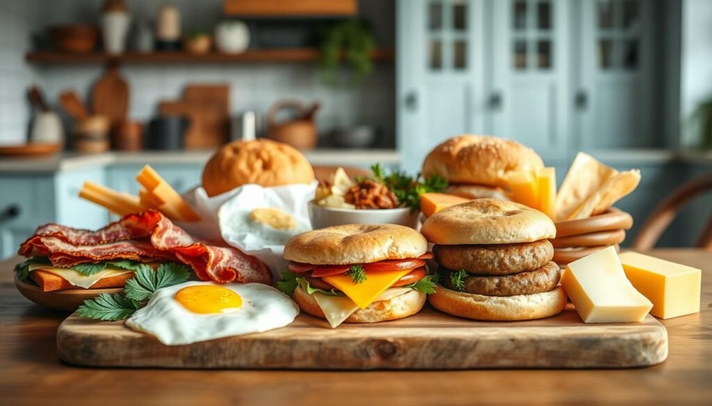 A delectable assortment of breakfast sandwich ingredients arranged on a rustic wooden table in a cozy, minimalist kitchen with light blue accents. Fresh eggs, crisp bacon, savory sausage patties, hearty English muffins, and a variety of cheeses all meticulously positioned, inviting the viewer to customize their perfect morning meal. Soft, diffused lighting highlights the natural textures and colors, creating an appetizing and inviting atmosphere. The focus is on the central arrangement, allowing the viewer to imagine the endless possibilities for crafting their own customized breakfast sandwich.