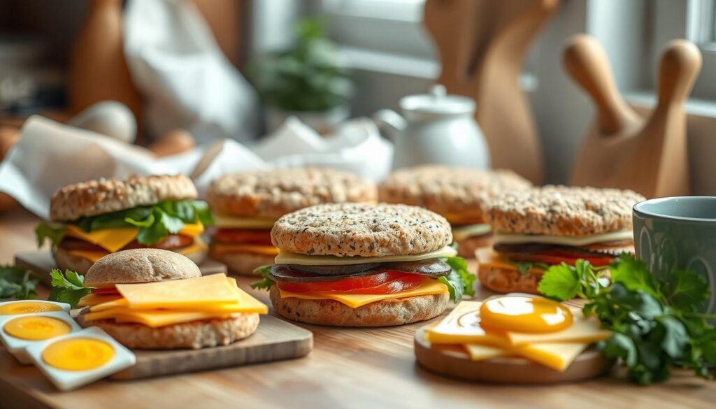 A delectable assortment of homemade breakfast sandwiches neatly arranged on a wooden countertop, accompanied by fresh ingredients like eggs, cheese, and whole grain English muffins. The scene is bathed in soft, natural lighting, highlighting the texture of the wooden surfaces and the vibrant colors of the meal components. A sense of organization and intentionality pervades the composition, conveying the convenience and practicality of this make-ahead breakfast meal prep. The overall mood is one of cozy, minimalist elegance, inviting the viewer to envision a stress-free morning routine. No hand is present, allowing the well-crafted breakfast items to take center stage.