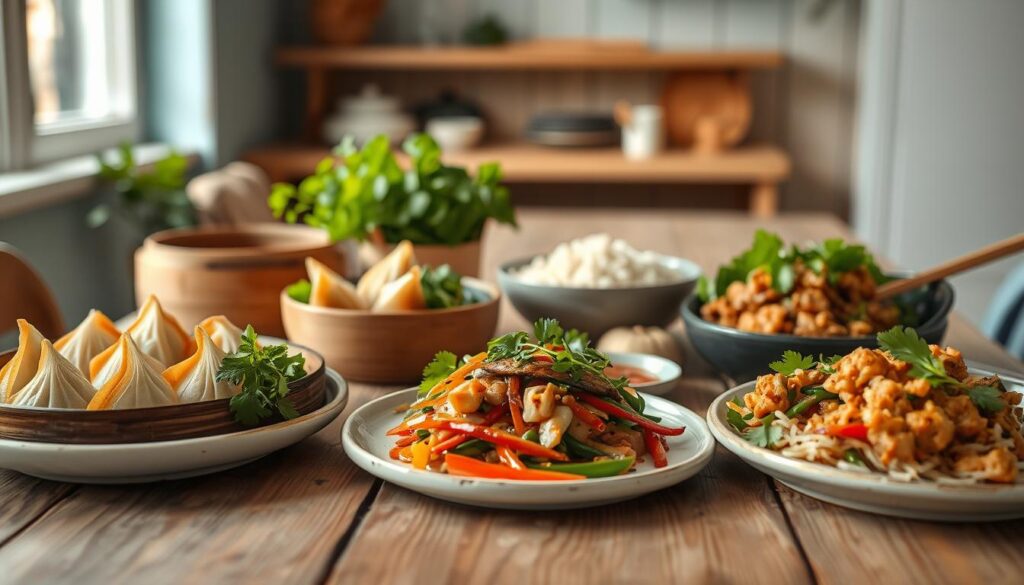 A delectable assortment of vegan Asian dishes presented beautifully on a rustic wooden table in a cozy, minimal kitchen. The foreground features a vibrant array of steamed dumplings, vegetable spring rolls, and a fragrant tofu stir-fry, all expertly prepared with bold, authentic flavors. The middle ground showcases a selection of fresh herbs, crisp vegetables, and a bowl of fragrant jasmine rice, hinting at the wholesome, plant-based nature of the meal. The background is softly lit, with light blue accents and natural wooden textures, creating a warm, inviting atmosphere. The overall scene evokes a sense of comfort, balance, and the celebration of the rich diversity of vegan Asian cuisine.