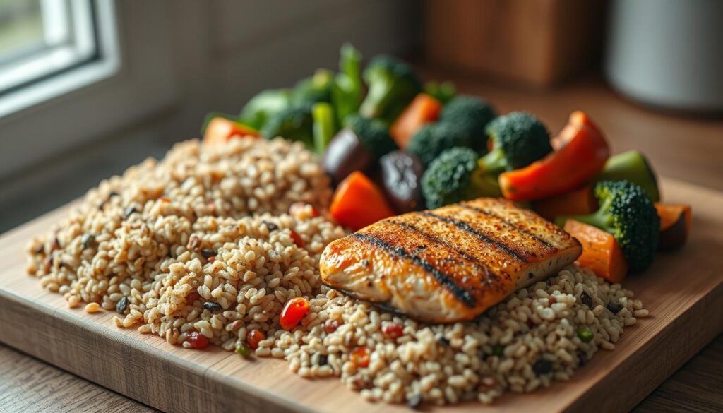 A delectable assortment of whole grains and lean proteins artfully arranged on a wooden cutting board. In the foreground, a medley of quinoa, brown rice, and farro grains, with succulent grilled chicken breasts and seared salmon fillets nestled among them. The middle ground features a selection of roasted vegetables, including vibrant red bell peppers, earthy sweet potatoes, and crisp broccoli florets. Soft ambient lighting from a nearby window casts a warm glow, highlighting the rich textures and natural colors of the ingredients. The overall scene exudes a sense of nourishment and balance, embodying the essence of a well-rounded, nutrient-dense meal prep.