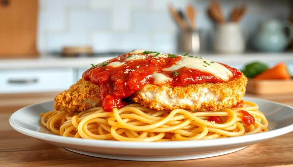A delectable chicken parmesan dish, freshly prepared for the week's meals. Juicy chicken breasts, coated in a crisp, golden-brown breading, resting atop a bed of al dente spaghetti. A rich, vibrant tomato sauce cascades over the chicken, accented by melted mozzarella cheese. The dish is presented on a clean, white ceramic plate against the backdrop of a cozy, minimal kitchen. Wooden textures and light blue accents create a warm, inviting atmosphere, with soft, diffused lighting illuminating the satisfying meal. The scene evokes the comforting flavors of classic Italian cuisine, ready to fuel a productive week ahead.