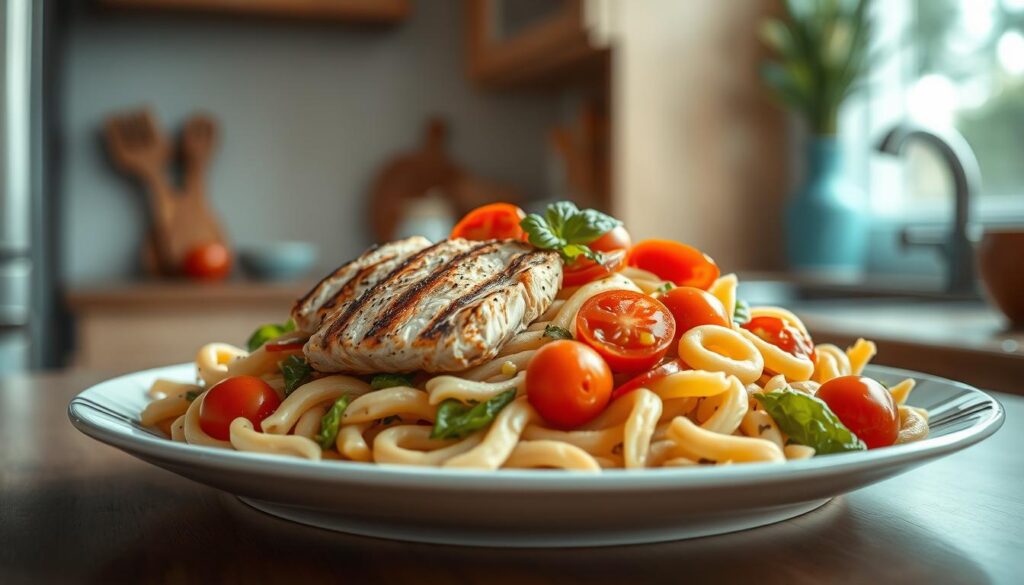 A delectable chicken pasta salad meal prepared in a cozy, minimalist kitchen with warm wooden tones and soft blue accents. The salad features tender grilled chicken breast, al dente fusilli pasta, crisp vegetables like cherry tomatoes and bell peppers, all tossed in a light, creamy dressing. The meal is arranged artfully on a white ceramic platter, creating a visually appealing and nutritious lunch option. Soft, natural lighting from a nearby window casts a gentle glow, highlighting the vibrant colors and textures of the dish. The overall mood is one of simplicity, health, and culinary delight.