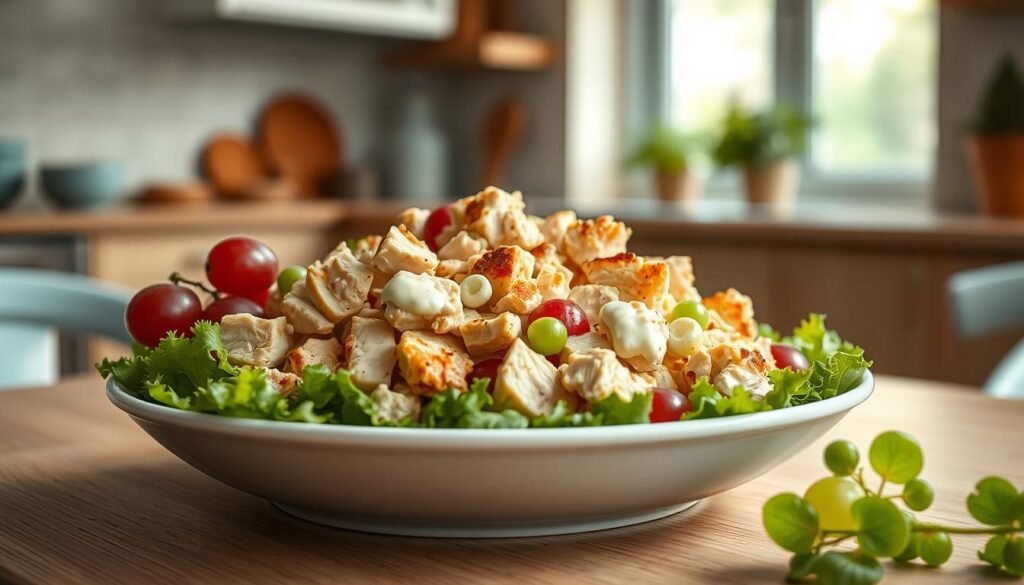A delectable chicken salad with succulent roasted chicken, creamy mayonnaise, crunchy celery, and bright grapes, nestled on a bed of fresh greens in a shallow white ceramic bowl, set against a backdrop of a cozy, minimal kitchen with warm wooden textures and light blue accents, illuminated by soft, natural lighting from a large window, capturing the essence of a classic, homemade lunch.