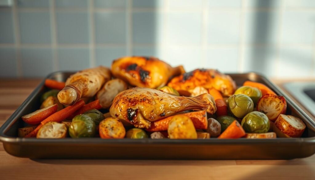 A delectable chicken sheet pan meal, presented in a cozy, minimalist kitchen setting. The juicy chicken pieces are artfully arranged, their golden-brown skin glistening under the warm, natural lighting. Vibrant roasted vegetables - carrots, Brussels sprouts, and potatoes - surround the chicken, their colors a symphony of earthy hues. The scene is framed by a clean, light blue backsplash and warm wooden textures, creating a calming, inviting atmosphere. No hands or distracting elements are present, allowing the viewer to fully appreciate the appetizing dish. A perfect illustration for the 