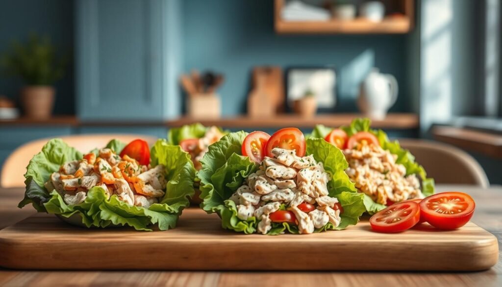 A delectable display of chicken and tuna salad options, elegantly presented on a wooden table in a cozy, minimal kitchen. The salads are beautifully arranged, with crisp lettuce leaves, vibrant tomato wedges, and neatly stacked protein-rich ingredients. Soft blue accents in the background create a calming, sophisticated ambiance, while the natural lighting casts a warm, inviting glow over the scene. The composition is both visually appealing and appetizing, capturing the essence of 