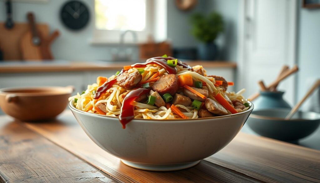A delectable egg roll bowl meal prep arranged on a rustic wooden table in a cozy, minimalist kitchen. The bowl overflows with a colorful, flavor-packed medley of sautéed cabbage, carrots, bean sprouts, and juicy pork or tofu, topped with a drizzle of savory soy sauce. Soft, tender textures mingle with crunchy veggies, all illuminated by warm, natural lighting. The scene exudes an inviting, homespun atmosphere with light blue accents and clean, uncluttered lines, capturing the essence of a nourishing, satisfying stir-fry or bowl meal.