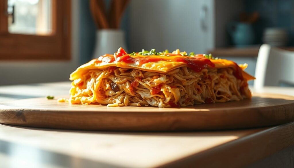 A delectable enchilada casserole glistens on a wooden serving tray, its layers of corn tortillas, shredded chicken, melted cheese, and vibrant red sauce artfully arranged. Sunlight streams through a nearby window, casting a warm glow on the dish and highlighting its textures and colors. The scene is set against a backdrop of a cozy, minimal kitchen with light blue accents, subtle wooden details, and a sense of domestic tranquility. The enchilada casserole takes center stage, inviting the viewer to savor its comforting flavors and appreciate the care and attention that went into its presentation.