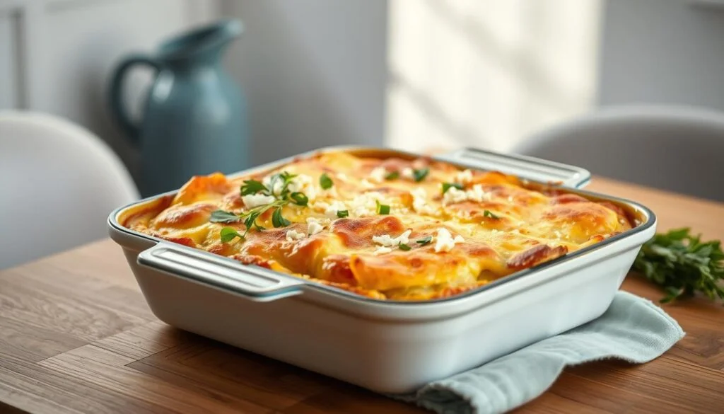 A delectable gluten-free breakfast casserole nestled in a cozy, minimalist kitchen setting. The casserole dish sits atop a wooden table, its golden-brown top glistening under the soft, warm lighting. Vibrant green herbs and a sprinkling of crumbled cheese adorn the dish, adding layers of texture and flavor. The background features subtle blue-gray accents, creating a calming and inviting atmosphere. The scene is captured from a slightly elevated angle, highlighting the casserole's tempting presentation. No hands or human elements are present, allowing the dish to be the sole focus of the image.