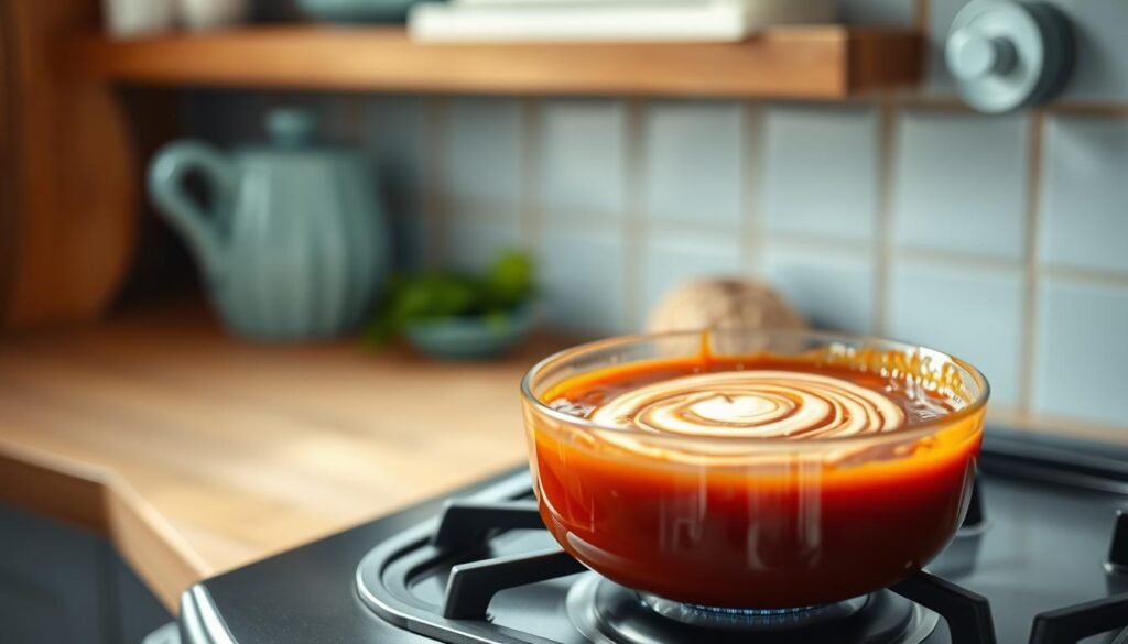 A delectable homemade sauce simmers gently on a stove, its rich aroma filling the cozy, minimal kitchen. The sauce's vibrant hues of red and green, accented by a swirl of creamy white, suggest a perfect balance of fresh ingredients. Wooden textures and light blue accents provide a warm, inviting atmosphere, drawing the eye to the captivating sauce. The scene is bathed in soft, natural lighting, casting a pleasant glow and highlighting the sauce's alluring texture. This image showcases the transformative power of homemade sauces in elevating even the simplest of meals, perfectly complementing the article's focus on the role of sauces in meal prep.
