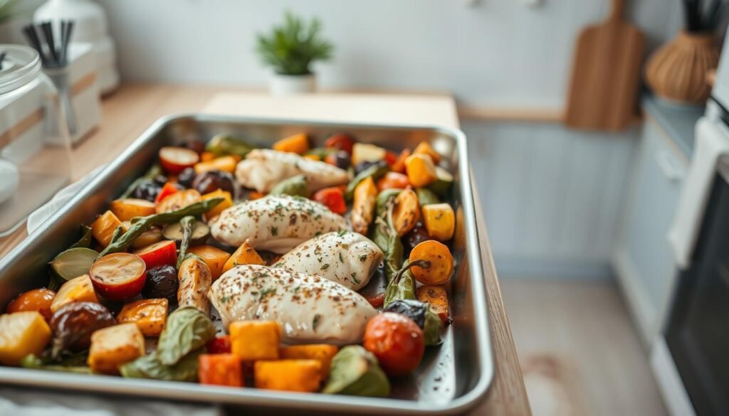 A delectable one-pan meal prep scene, showcasing a succulent protein-rich dish arranged with precision on a sheet pan. The pan is filled with vibrant roasted vegetables, tender chicken breasts, and a drizzle of aromatic herbs and spices. The cozy, minimal kitchen features wooden textures and light blue accents, creating a warm and inviting atmosphere. The lighting is soft and natural, casting a gentle glow over the well-balanced meal, highlighting its nutritional value and appealing visuals. The angle captures the dish from an elevated perspective, allowing the viewer to appreciate the thoughtful composition and the enticing aroma that fills the air.