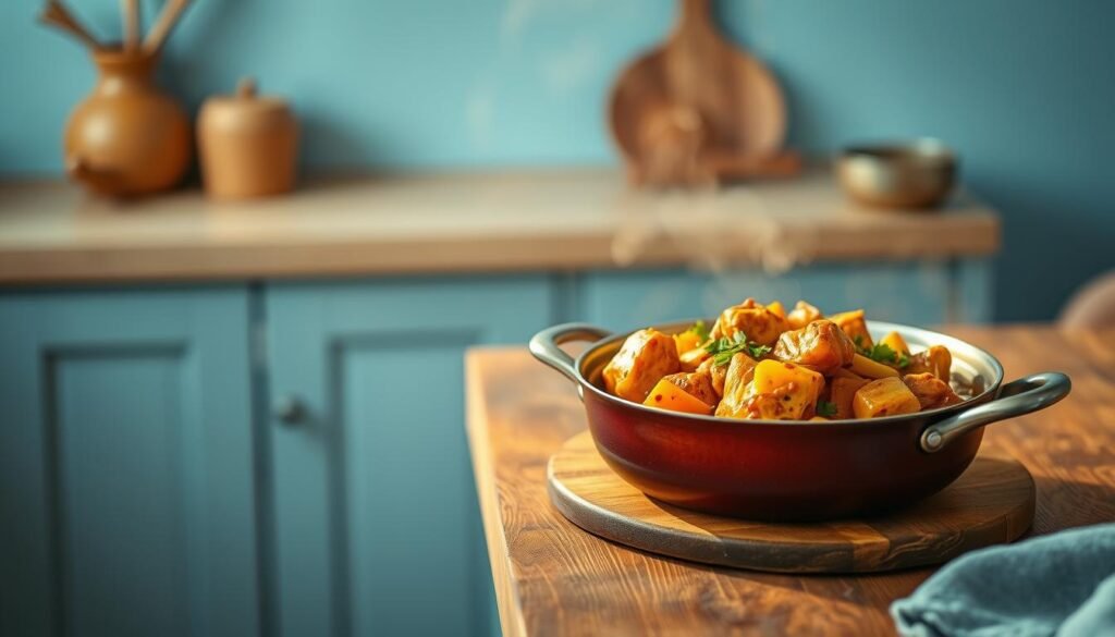 A delectable one-pot curry simmers on a rustic wooden table in a cozy, minimal kitchen. The fragrant aroma fills the air, hinting at the depth of flavors within. Warm golden lighting casts a soft glow, accentuating the vibrant colors of the dish - tender chicken, vibrant vegetables, and a creamy curry sauce. The scene exudes a sense of simplicity and comfort, inviting the viewer to sit down and savor the homemade goodness. A light blue accent wall provides a soothing backdrop, creating a harmonious and inviting atmosphere.