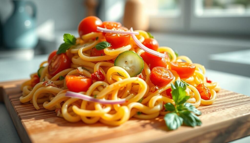 A delectable pasta salad, its vibrant colors and textures captured in a sunlit, minimal kitchen. Twirls of fusilli pasta, tossed with juicy cherry tomatoes, crisp cucumber slices, and slivers of red onion, all dressed in a tangy vinaigrette. The scene is framed by a wooden cutting board, its warm tones complementing the light blue accents of the space. Soft, natural lighting filters through a nearby window, casting a gentle glow over the refreshing dish, inviting the viewer to take a closer look and imagine the satisfying flavors.