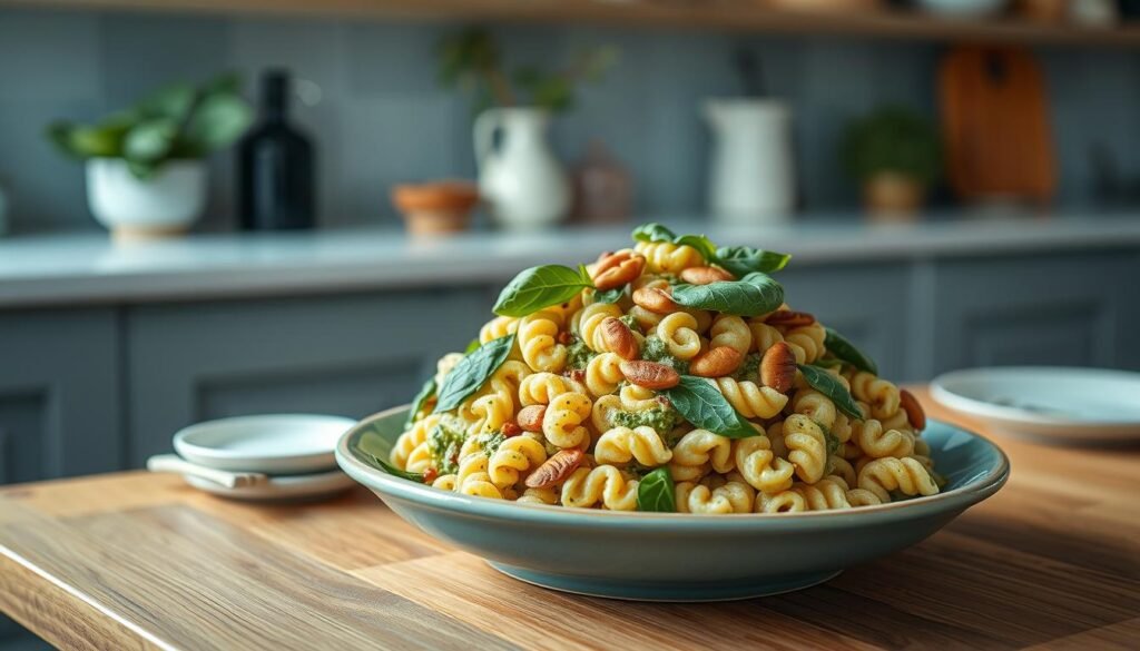 A delectable pesto pasta salad nestled atop a pale blue ceramic serving dish, showcasing vibrant green basil leaves, toasted pine nuts, and tender spiral-shaped pasta coated in a rich, creamy pesto sauce. The dish sits on a wooden table, surrounded by a minimalist kitchen space with light blue-gray accents and natural textures, creating a cozy, inviting atmosphere. Soft, natural lighting from a nearby window casts a warm glow, highlighting the fresh, appetizing colors and textures of the dish. The composition emphasizes the dish's simplicity and freshness, capturing the essence of an innovative cold pasta dish for a satisfying lunchtime meal.