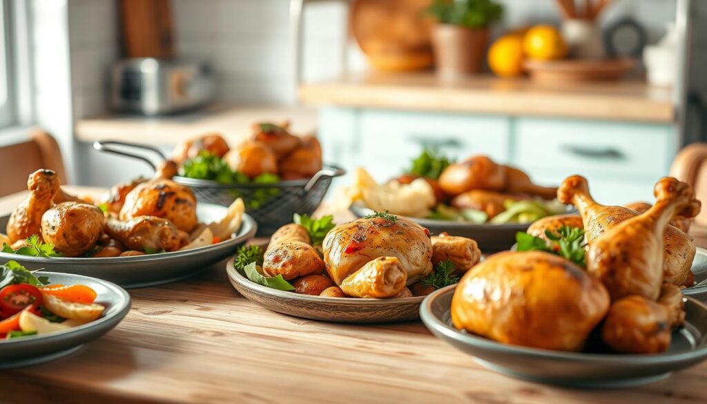 A delectable selection of chicken dishes arranged on a wooden table, with a light blue-accented kitchen backdrop. Crisp, golden-brown chicken breasts, tender thighs, and succulent drumsticks sizzle under warm, natural lighting, accompanied by vibrant, fresh vegetables and fragrant herbs. The scene exudes a comforting, homemade atmosphere, inviting the viewer to imagine the delicious, wholesome flavors of these carefully prepared chicken recipes.