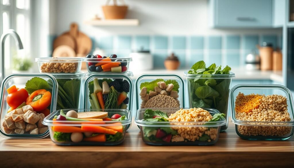 A delectable selection of meal prep containers arranged on a wooden countertop, showcasing a variety of healthy, customizable dishes. Vibrant vegetables, lean proteins, and wholesome grains fill the compartments, offering textural contrast and dietary flexibility. Soft natural lighting filters through the kitchen's light blue accents, creating a calming, inviting atmosphere. The composition emphasizes the ease and versatility of crafting personalized, nutritious meals, inspiring the viewer to explore their own dietary needs.