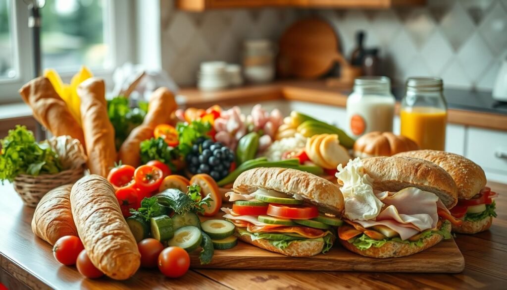A delectable spread of inviting sandwich components artfully arranged on a wooden kitchen table. In the foreground, an array of fresh breads, from crisp baguettes to soft brioche buns, along with an assortment of vibrant veggies, juicy tomatoes, and crunchy pickles. The middle ground showcases an array of savory proteins, such as tender roasted turkey, flavorful ham, and creamy avocado slices. In the background, jars of flavorful condiments, like tangy mustard and creamy mayo, provide the finishing touches. The scene is bathed in warm, natural light, conveying a cozy, homemade atmosphere. This image captures the delightful possibilities for crafting delicious and visually appealing sandwich inspirations.
