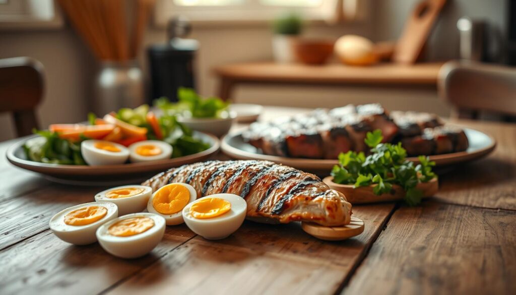 A delectable spread of protein-packed lunch options, meticulously arranged on a rustic, wooden table in a cozy, minimal kitchen. In the foreground, a juicy grilled chicken breast nestled alongside perfectly boiled eggs, their golden yolks glistening. In the middle ground, a succulent steak, seared to perfection, sliced into bite-sized pieces. The scene is bathed in soft, natural light, casting a warm glow and highlighting the vibrant colors of the ingredients. The overall atmosphere is one of simplicity, nourishment, and culinary delight, inviting the viewer to savor each bite.