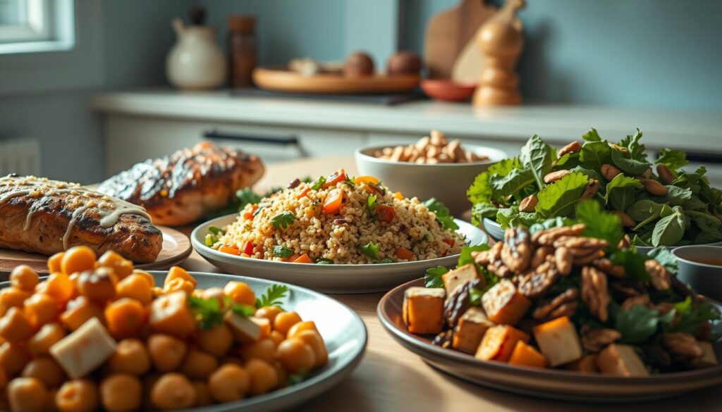 A delectable spread of versatile protein-packed dishes, beautifully arranged in a cozy, minimal kitchen with warm wooden accents and soft blue hues. A seared chicken breast rests alongside a hearty quinoa salad, garnished with vibrant vegetables and a creamy tahini dressing. In the foreground, a platter of roasted chickpeas and crisp tofu cubes catch the gentle natural light. The middle ground features a vibrant leafy green salad with toasted nuts and a drizzle of balsamic reduction. In the background, an assortment of nuts, seeds, and dried fruits await, hinting at the endless possibilities for building balanced, dairy-free protein-rich meals.