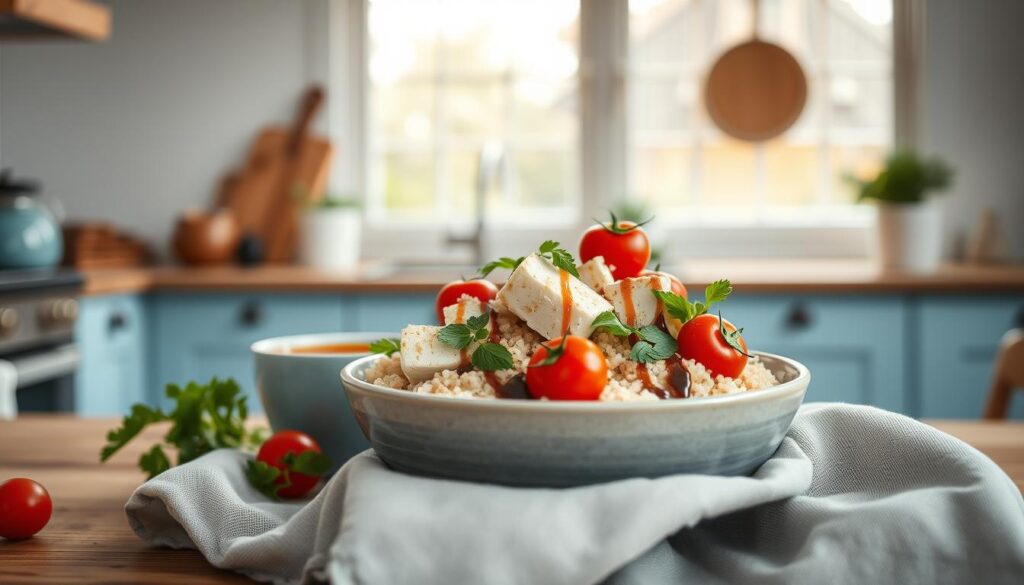A delectable vegan dish, a tofu ricotta quinoa bowl takes center stage in a cozy, minimal kitchen with light blue accents and wooden textures. Soft tofu, crumbled to a ricotta-like texture, nestles atop fluffy quinoa. Fresh herbs, cherry tomatoes, and a drizzle of tangy balsamic glaze complete the vibrant, nutrient-dense meal. Soft, natural lighting from a large window illuminates the scene, casting a warm glow on the vibrant colors and inviting textures. The composition draws the eye to the main dish, showcasing the creative plant-based protein source in a visually appealing, appetizing manner.