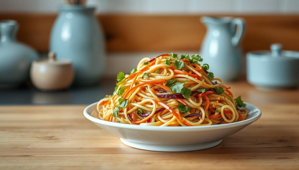 A delicate arrangement of spiralized Asian slaw noodles, glistening with a vibrant sesame-ginger dressing, nestled on a white ceramic plate against the warm wooden tones of a minimalist kitchen countertop. Soft blue accents in the background create a calming, inviting atmosphere, hinting at the dairy-free, international flavors to be explored. The noodles are perfectly al dente, tossed with crunchy shredded cabbage, carrots, and fresh herbs, presenting a visually stunning and flavorful dairy-free lunch option.