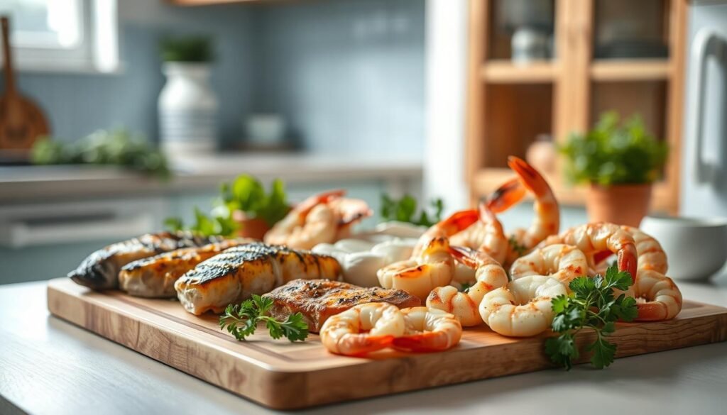 A delicate arrangement of various seafood dishes on a wooden cutting board, set against a backdrop of a cozy, minimal kitchen with light blue accents. The scene is bathed in soft, natural lighting, creating a warm and inviting atmosphere. In the foreground, a variety of grilled or baked fish fillets, seared scallops, and plump shrimp are artfully presented, highlighting their textures and vibrant colors. In the middle ground, a selection of fresh, leafy greens and aromatic herbs adds a touch of freshness, while in the background, subtle hints of wooden cabinetry and a clean, uncluttered countertop complete the keto-friendly, protein-rich culinary scene.