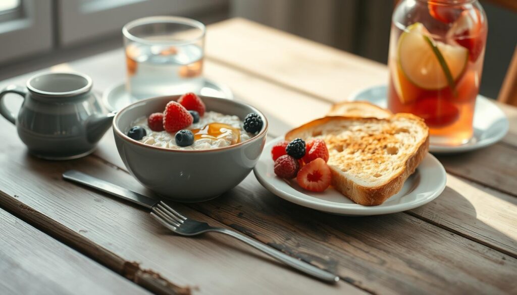 A delicate arrangement of wholesome breakfast elements rests on a rustic wooden table, bathed in soft natural light. A bowl of creamy oatmeal, topped with fresh berries and a drizzle of honey, sits alongside a plate of crisp, golden toast and a glass of refreshing fruit-infused water. The scene exudes a sense of balance, nourishment, and a tranquil start to the day, capturing the essence of a low-sugar, energy-boosting breakfast.
