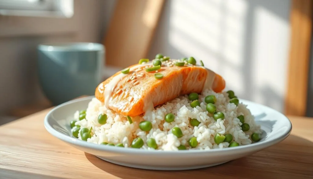 A delicate salmon fillet rests atop a bed of fluffy, fragrant jasmine rice, drizzled with a creamy, dairy-free coconut-lime sauce. Vibrant green edamame beans and a sprinkle of sesame seeds add pops of color and texture to this balanced, nourishing meal. The scene is set in a cozy, minimal kitchen, with light blue accents and warm wooden tones creating a calming, inviting atmosphere. Natural sunlight streams through the window, casting a soft glow over the carefully prepared dish, highlighting its fresh, wholesome qualities.
