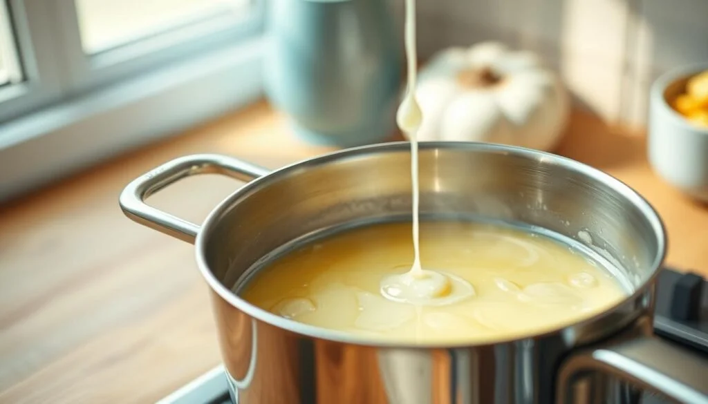 A delicate, shimmering garlic butter sauce simmers in a stainless steel saucepan, its aroma filling the air of a cozy, minimal kitchen. Wooden textures and light blue accents create a serene atmosphere, as the sauce gently bubbles, ready to be drizzled over perfectly seared protein or tossed with freshly cooked pasta. The camera captures the process with a soft, warm light, highlighting the silky texture and glistening surface of the sauce, inviting the viewer to imagine the rich, savory flavors. This impressive sauce, a true culinary transformation, is the star of the show, elevating any dish into an unforgettable dining experience.