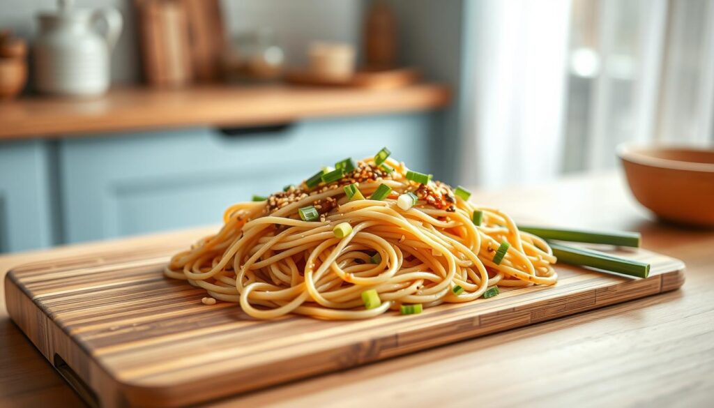 A delicate spread of fresh sesame noodles, glistening with a tantalizing soy-ginger dressing, rests atop a sleek bamboo cutting board in a cozy, minimal kitchen. Light blue accents and warm wooden textures create a calming, natural atmosphere, inviting the viewer to imagine savoring this chilled Asian-inspired dish. The noodles are artfully arranged, with vibrant green scallions, toasted sesame seeds, and a drizzle of sesame oil adding pops of color and texture. The overall scene conveys a sense of simplicity and elegance, perfectly capturing the essence of a satisfying, yet refreshing cold noodle meal.