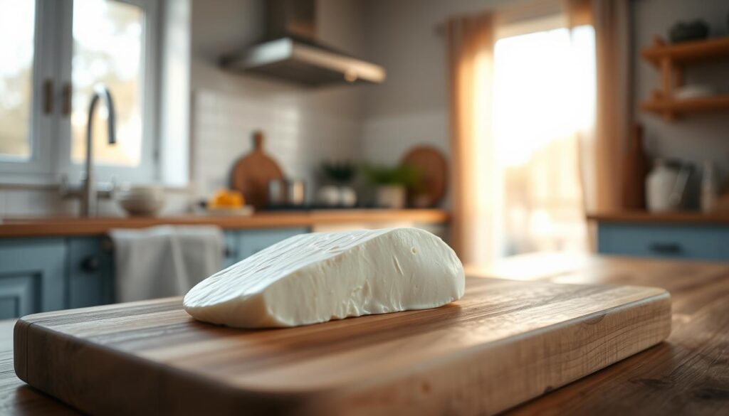 A delicately sliced, soft and creamy mozzarella cheese resting on a wooden cutting board in a cozy, minimal kitchen. Soft natural light filters through the windows, casting a warm glow on the cheese's surface. The mozzarella's milky white hue is accentuated by the light blue accents in the kitchen, creating a serene and inviting atmosphere. The wooden textures of the board and surrounding countertops add depth and character to the scene, hinting at the simple, rustic nature of the ingredients and tools needed for the perfect pasta bake.
