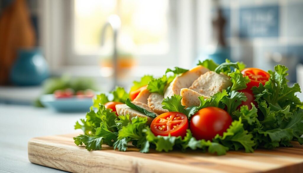 A delightful arrangement of crisp, vibrant greens, ruby-red tomatoes, and tender chicken nestled atop a wooden cutting board. The soft, natural light filters through the kitchen window, casting a warm glow on the scene. Subtle blue accents in the background complement the earthy tones, creating a harmonious, inviting atmosphere. The salad bursts with fresh flavors, perfectly capturing the essence of a nourishing, no-heat lunchbox meal straight from the garden harvest.