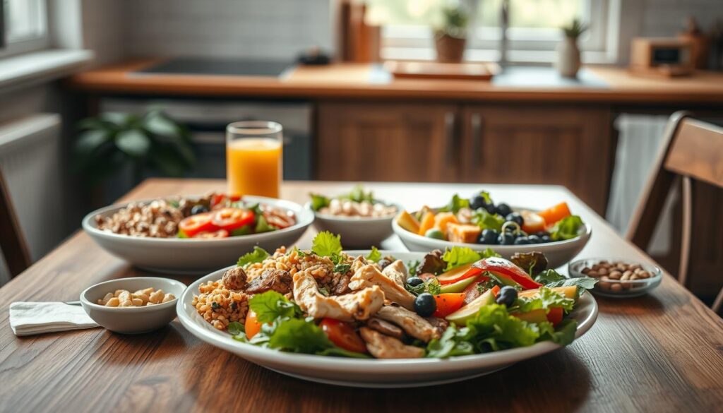 A delightful arrangement of heart-healthy lunch options, beautifully presented on a wooden table in a cozy, minimal kitchen. An assortment of colorful salads, whole grains, and lean protein sources, such as grilled chicken or roasted vegetables, are complemented by a glass of freshly squeezed juice and a small dish of nuts or berries. The scene is bathed in soft, natural lighting, creating a calming and inviting atmosphere that inspires mindful, nourishing meal choices for the busy professional.