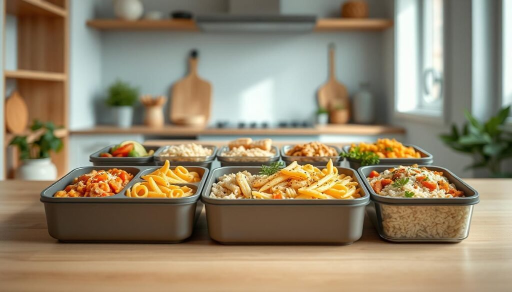 A delightful arrangement of pasta and rice-based bento dishes, beautifully presented in a cozy, minimal kitchen with warm wooden textures and light blue accents. The foreground features a variety of colorful, freshly-prepared pasta, rice, and vegetable-based dishes, each nestled in its own compartment. The middle ground showcases an elegant bento box, its clean lines and simple design complementing the natural aesthetic. In the background, the soft, diffused lighting casts a gentle glow, creating an inviting and serene atmosphere. The overall composition exudes a sense of harmony and mindfulness, perfectly capturing the essence of delicious and nutritious cold lunch recipes, bento style.
