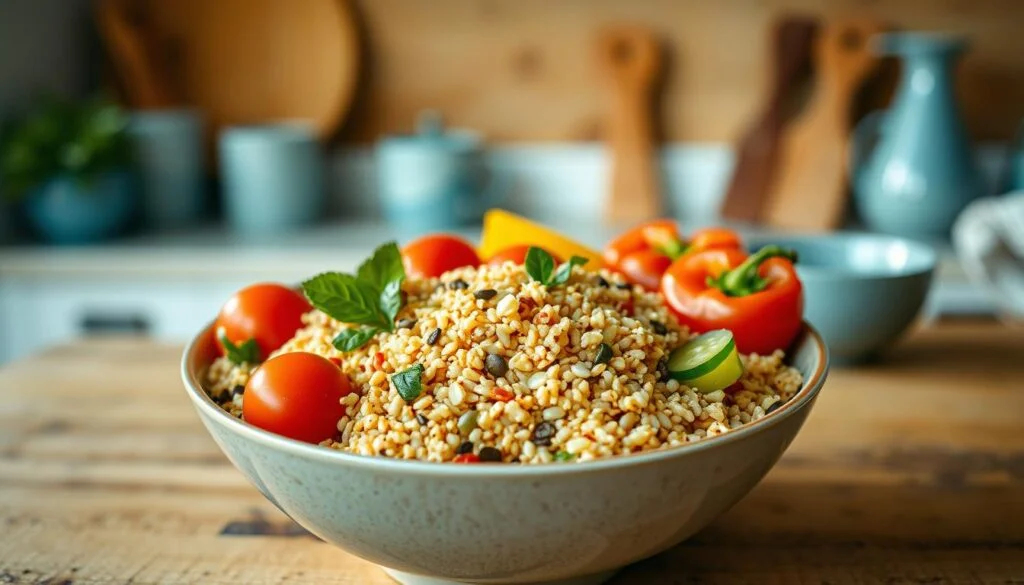 A delightful arrangement of quinoa and couscous grains, glistening with a light drizzle of olive oil, nestled amidst a medley of fresh vegetables - ripe tomatoes, crunchy cucumbers, and vibrant bell peppers. The grains are expertly crafted into a visually appealing, symmetrical grain bowl, set against the warm, rustic backdrop of a cozy kitchen. Soft, diffused lighting casts a gentle glow, highlighting the earthy tones and natural textures of the wooden surfaces. Touches of light blue accent the minimal decor, creating a harmonious and calming atmosphere.