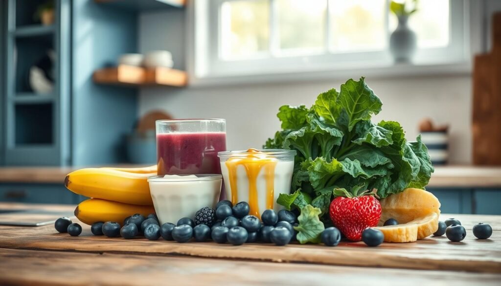A delightful arrangement of vibrant smoothie ingredients - ripe bananas, plump blueberries, crisp kale, creamy yogurt, and a drizzle of honey - artfully presented on a rustic wooden surface. Soft, natural light filters through the kitchen's large window, casting a warm glow over the scene. In the background, minimalist blue-toned shelves hold a few select kitchen essentials, complementing the serene, uncluttered atmosphere. This inviting display captures the essence of nourishing, energizing smoothie recipes, perfect for a wholesome cold lunch boost.