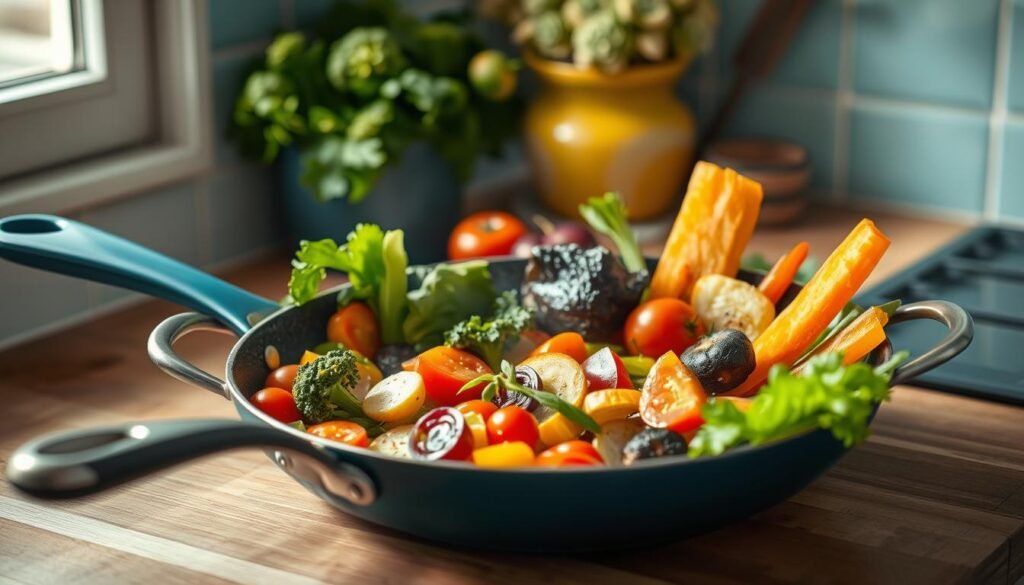 A delightful array of fresh, vibrant vegetables sizzling in a single pan, creating a visually stunning, one-pan rainbow recipe. The pan is nestled on a wooden kitchen counter, surrounded by light blue accents that amplify the natural hues of the ingredients. The composition is bathed in soft, natural lighting, highlighting the textures and intricate details of the vegetables. The scene conveys a sense of effortless, healthy meal preparation in a cozy, minimalist kitchen setting.
