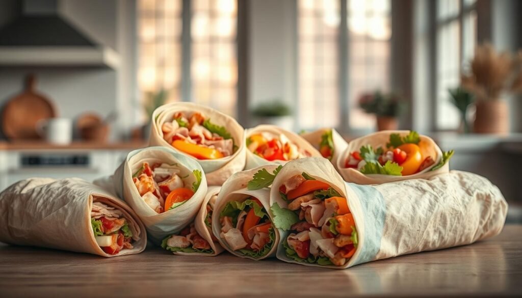 A delightful array of freshly prepared sandwich wraps, their vibrant fillings spilling out invitingly against a backdrop of a cozy, minimalist kitchen. Soft, pliable tortilla or flatbread wrappers in earthy neutrals and accents of light blue contain an abundance of flavorful ingredients - juicy sliced meats, crisp vegetables, creamy spreads, and fragrant herbs. The composition is arranged with an artful, natural flow, capturing the tempting textural contrast and the mouthwatering essence of these versatile portable meals. Warm, diffused lighting from large windows casts a gentle glow, highlighting the vibrant hues and alluring presentation of these delectable sandwich wrap ideas.
