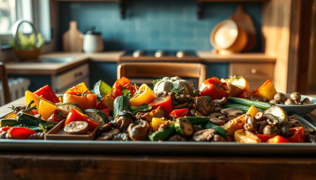 A delightful array of hearty vegetarian and vegan sheet pan recipes, artfully arranged on a rustic wooden table in a cozy, minimal kitchen. The roasted vegetables, such as vibrant bell peppers, tender zucchini, and earthy mushrooms, are bathed in a warm, golden glow from the soft overhead lighting. The simple, muted color palette of blues and natural wood tones creates a serene, inviting atmosphere, drawing the viewer in to savor the mouthwatering display of plant-based deliciousness.