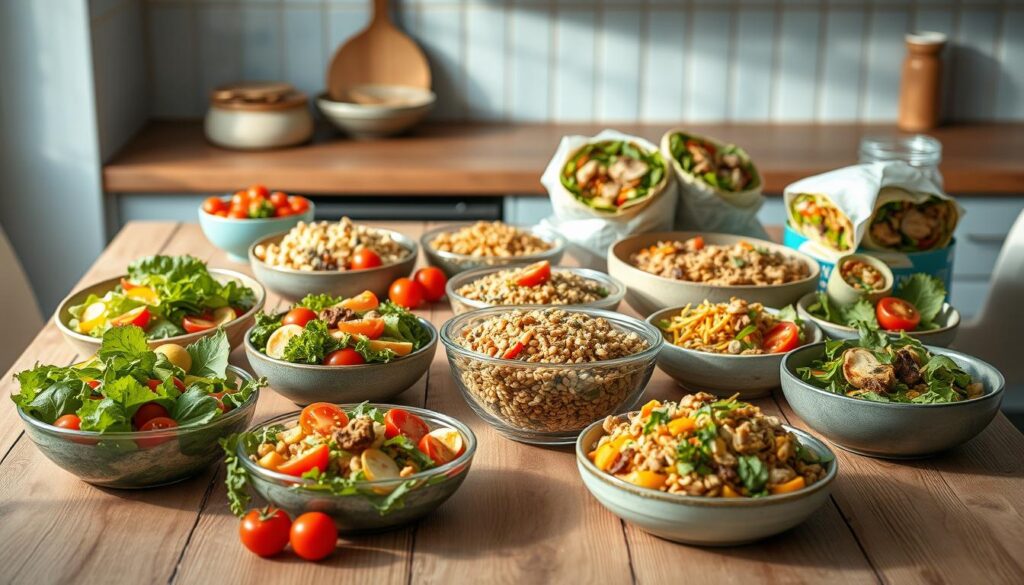 A delightful array of nutrition-packed meal prep options sprawled across a rustic wooden table, illuminated by warm, natural lighting. In the foreground, a variety of colorful salad bowls brimming with vibrant greens, juicy tomatoes, and enticing protein sources. In the middle ground, hearty grain bowls showcasing diverse grains, roasted vegetables, and creamy dressings. In the background, tempting wraps overflowing with crunchy veggies, lean meats, and zesty sauces. The light blue accents add a calming, fresh aesthetic to this cozy, minimalist kitchen scene, inviting you to savor the delicious and nutritious possibilities of meal prep.