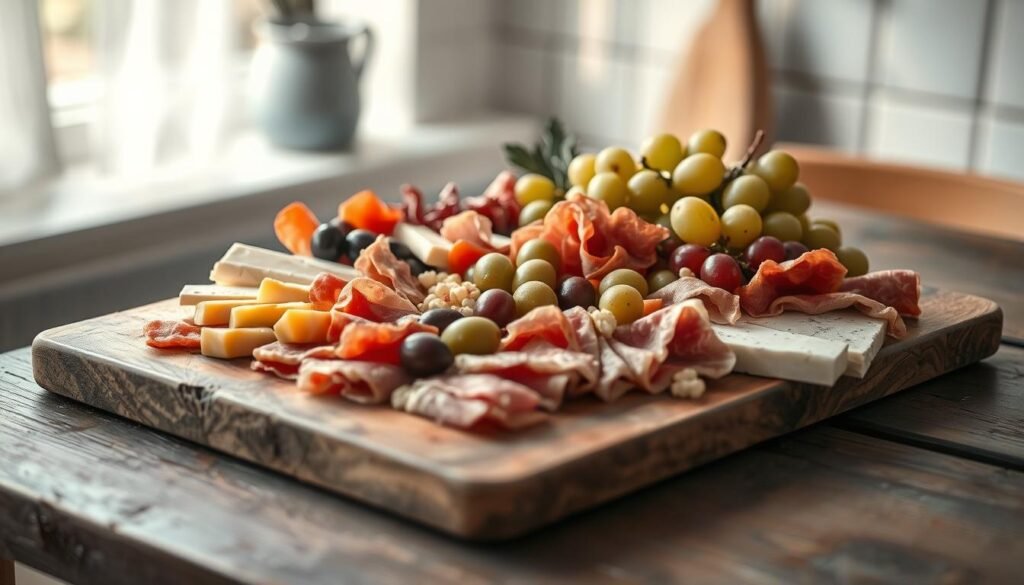 A delightful, artfully arranged charcuterie board rests upon a rustic wooden table, adorned with an assortment of cured meats, creamy cheeses, plump olives, and glistening grapes. The soft, diffused lighting casts a warm, inviting glow, highlighting the intricate textures and vibrant colors of the carefully curated selection. Subtle hints of blue accent the minimal, cozy kitchen setting, adding a touch of elegance to the scene. The composition is visually striking, perfectly capturing the essence of an Instagram-worthy, miniature lunchtime indulgence.